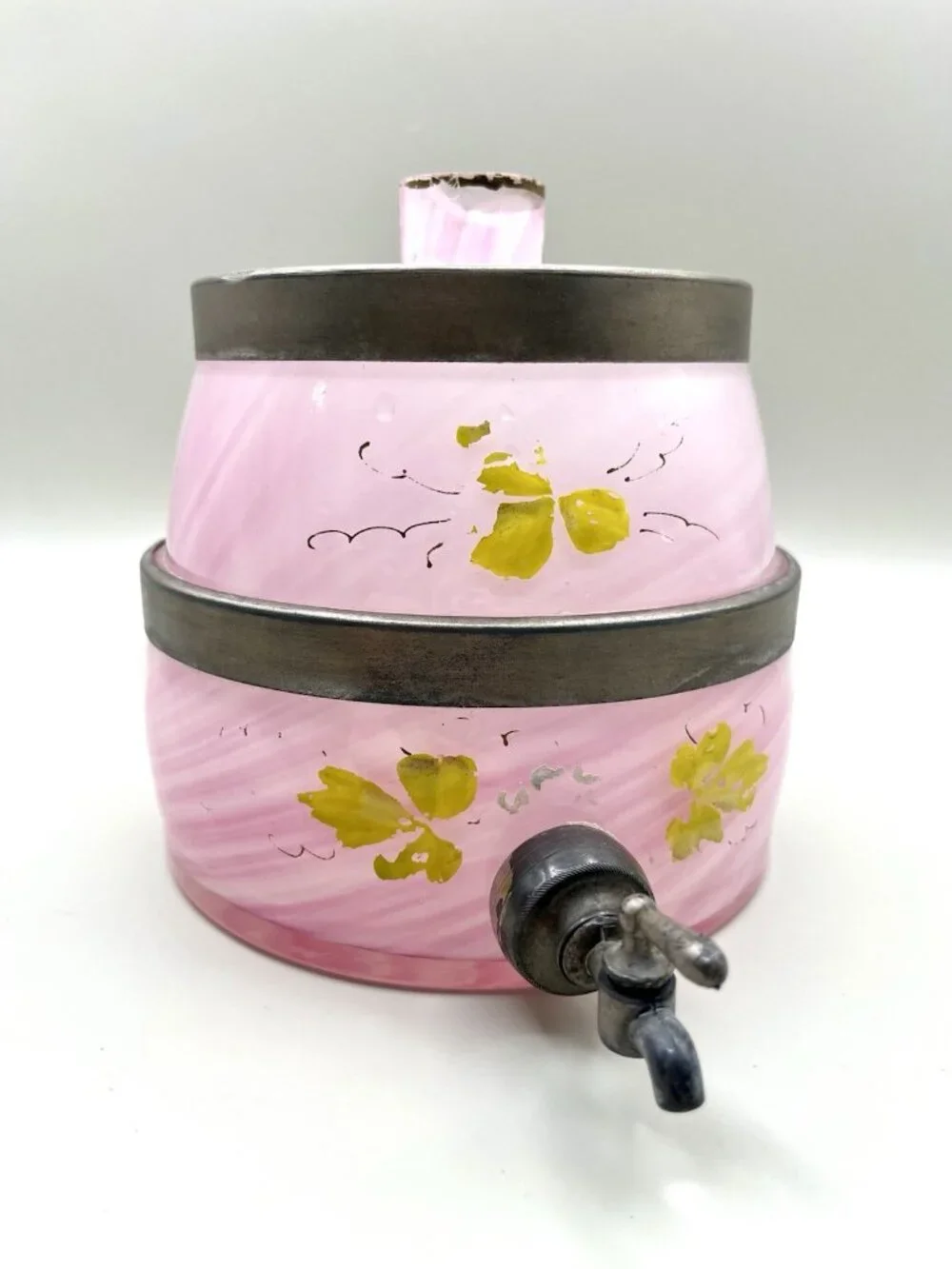 Antique Pink Swirl Glass Beverage Dispenser Floral Spigot VTG Victorian Cottage